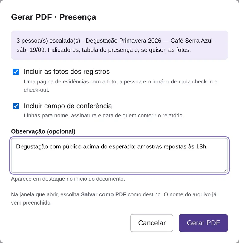 Janela Gerar PDF com as opções de incluir fotos e campo de conferência